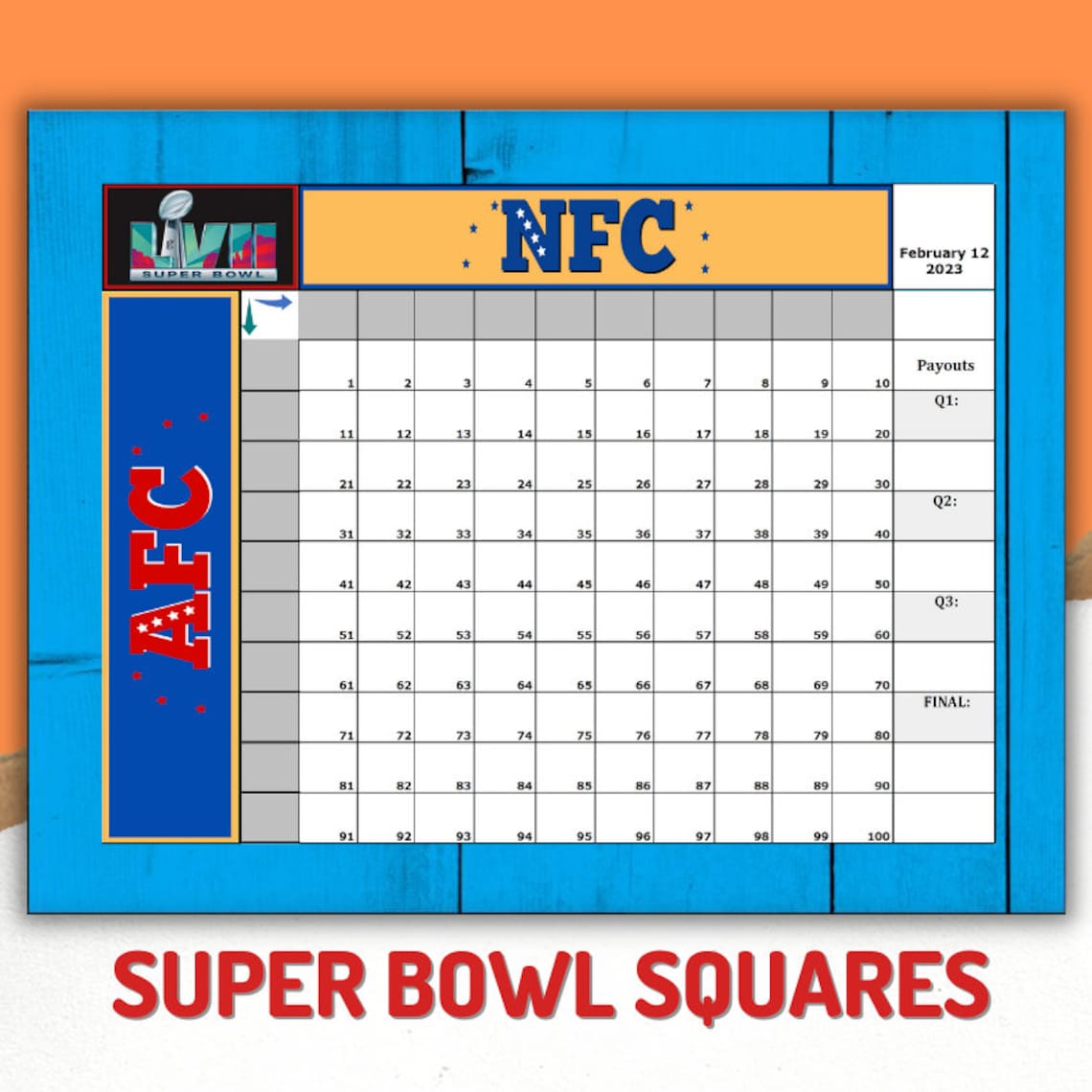 Printable Super Bowl Squares Game Football Squares Superbowl Etsy
