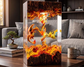 Lampada in resina Charizard Pikachu, luce notturna ispirata ai Pokémon, decorazione per scrivania da gamer, regalo da collezione anime, lampada in legno a LED fatta a mano, arte di battaglia