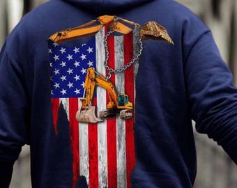 Operator Hoodie, Operator T-Shirts - Construction Operator Hoodie – USA Flag, Excavator & Prayer – Gift for Equipment Operators Laborers