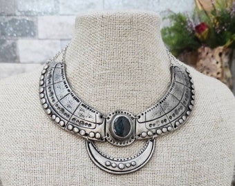 bib necklace online Silver Statement Necklace, Large Gemstone Necklace, Bib Statement Necklace/ Polymer Clay Necklace, Bohemian Necklace