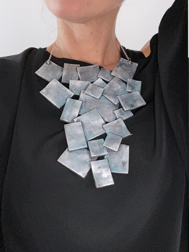 Geometric Silver Polymer Clay Statement Necklace /large Long Etsy