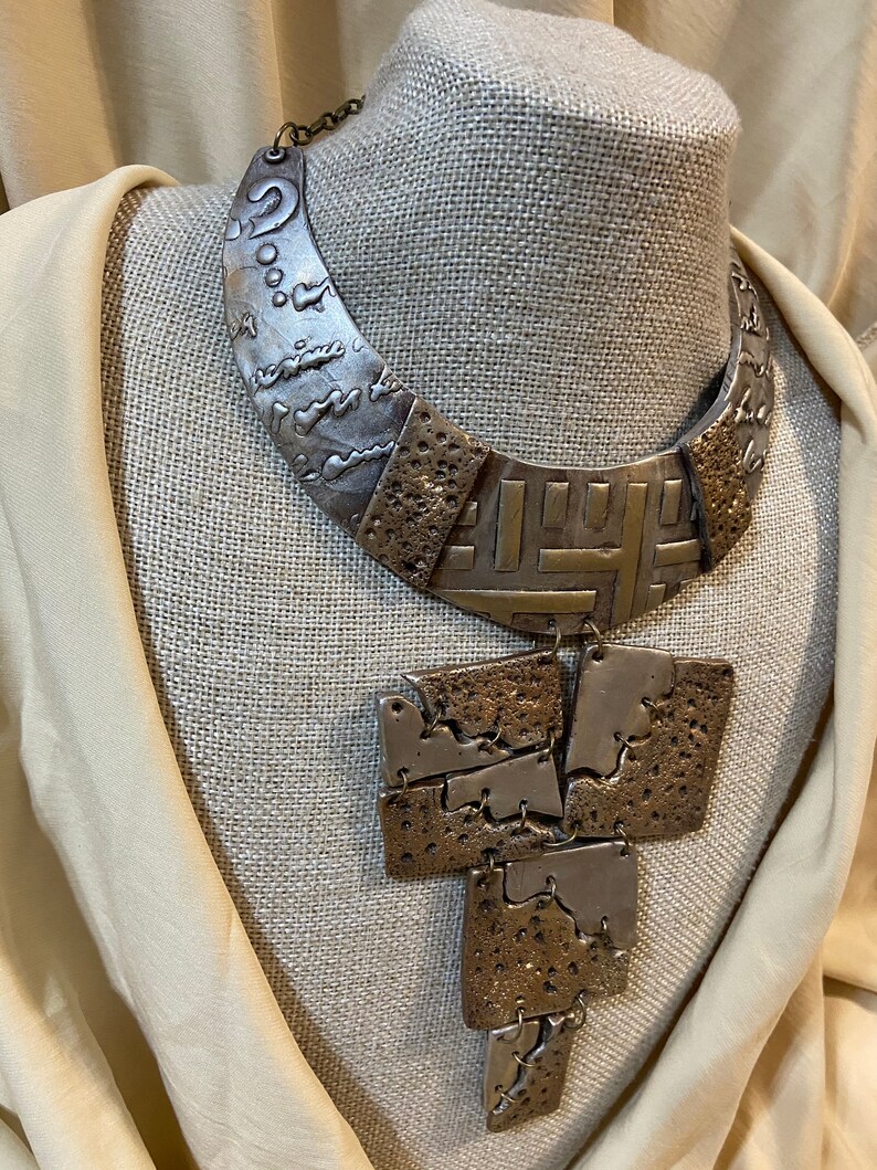 Large Long Statement NecklaceBib NecklaceGeometric Polymer Clay Statement Necklace Boho Ethnic Necklace