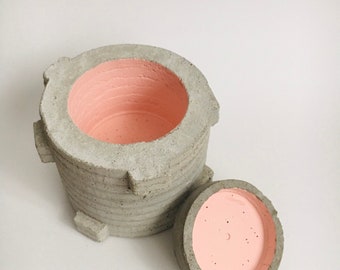 Rustic Concrete Pot with drainage whole and hidden saucer - Pink Color - Totem Design - Medium-sized pot