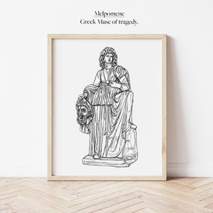 Melpomene Greek Muse of Tragedy Line Work Illustration | Digital Artwork Minimalistic Wall Art Printable Outline Mythology Astrology Deity