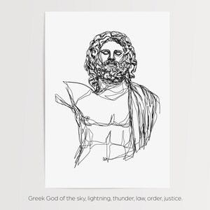 ゼウスギリシャ神プリント | 印刷して発送された線画イラスト | ミニマルシンプル | ウォールアートアウトライン | 神話