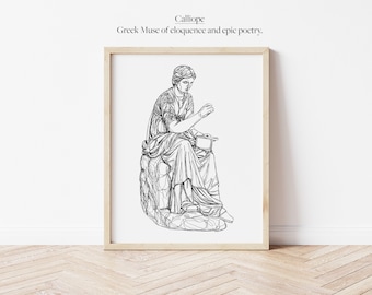 Calliope Greek Muse of Eloquence and Poetry Line Work Illustration | Digital Artwork Minimalistic Wall Line Art Printable Outline Mythology
