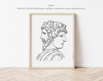 Janus Roman God Line Work Illustration | Digital Artwork Print | Minimalistic Wall Line Art Printable Outline | Astrology Mythology