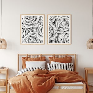Minimalist Roses Pair Digital Wall Art Printable, Botanicals Floral Line Work Design, Modern Series 2 Piece Diptych