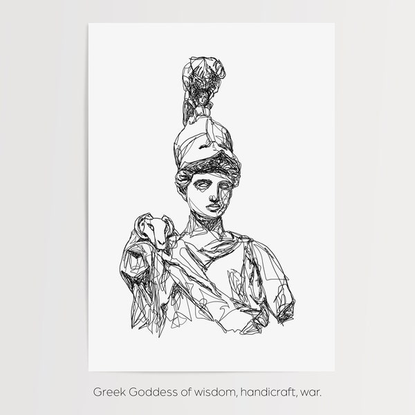 Athena Greek Goddess Print | Printed and Shipped Line Work Illustration | Minimalistic Simple | Wall Art Outline | Mythology