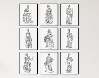 Greek Muses Gallery Collection | Digital Wall Line Art Outline Printable Apollo Ares Athena Hades Hera Hermes Hestia Zeus