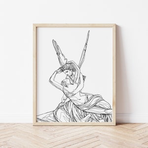 Psyche Revived by Cupid's Kiss Line Work Illustration | Digital Artwork | Minimalistic | Wall Line Art | Printable Outline | Mythology