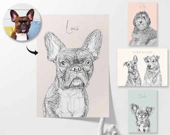 Custom Dog Portrait | Line Art Pet Commission Print | Minimalistic Custom Wall Art with Name | Simple Modern Outline Drawing Pet Lover Gift
