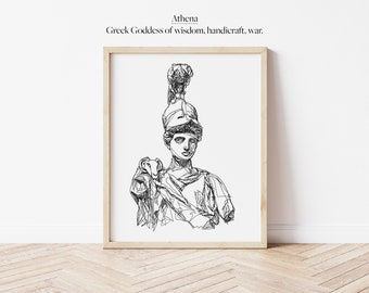 Athena Greek Goddess Line Work Illustration | Digital Artwork | Minimalistic Simple | Wall Line Art| Printable Outline | Astrology Mythology