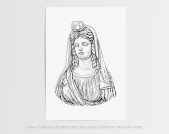 Persephone Greek Goddess Print | Printed and Shipped Line Work Illustration | Minimalistic Simple | Wall Art Outline | Mythology
