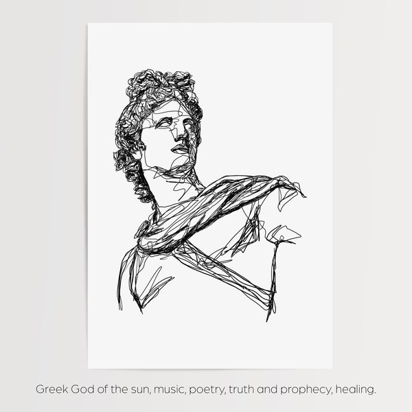 Grecki bóg Apollo, wydruk | Wydrukowana i wysłana ilustracja liniowa | Minimalistyczna prostota | Zarys sztuki ściennej | Mitologia