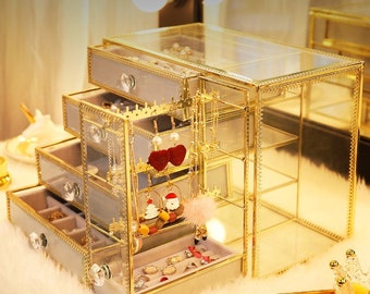 Golden Brass Vintage Glass Jewelry Boxjewelry Organizer With - Etsy