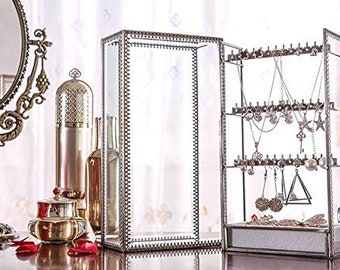 Sliver Dustproof Earring Holder Organizer for Ring & Accessory Display with Drawer Vintage Style 3-Tier Ear Stubs Display Stand Storage Box
