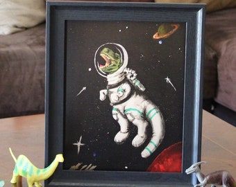 T-Rex in Space | Dinosaur Astronaut Art Print | Funny Cosmic Kids Wall Decor | Dinosaur Lover Gift | Funny wall art
