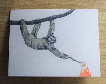Sloth Roasting Marshmallow Stationery card, Funny Animal note cards, Silly artwork cards, cards for loved one, party Invitations