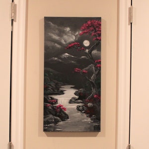 Original Wandbild, Baum und Vollmond Wanddekor, Original Leinwand Gemälde, Landschaft Creek Wald, vertikale Malerei, Home Office