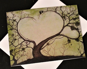 Heart Tree stationery cards, Heart note cards, Tree greeting cards, Artwork card 4 x 5.5 blank, Halloween invitations