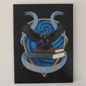 Original Raven Painting, Wizard House, Fan Art painting, Raven and Books, Shield Crest Wall Art, Hand Painted