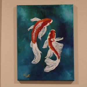 Koi Fisch Original Gemälde - Ästhetische Fischteich - Zen Wandkunst - Schwimmender Fisch Acrylfarbe - Haus und Büro Dekor