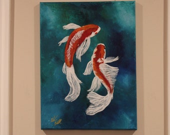 Koi Fish Original Painting - Aesthetic Fish pond - Zen Wall art - Swimming Fish Acrylic paint - Home and office Decor