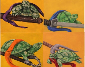 Turtle Art Prints 8 x10&quot; TMNT, Funny Turtle Wall Art, Kids room artwork from painting by Deb Campbell, Set of four prints
