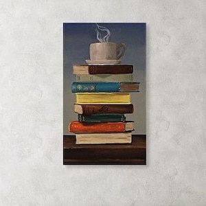 Books and Coffee Art Print from Painting, Stack of Books Wall Art, Bookshelf Read Home Office Bookworm Library Nook Fine Art Prints