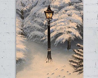 Lamp Post Winter Art Print, Narnia wall art, Snow wall decor, Snowy foot steps, Chronicles of, Art Print of Acrylic Painting