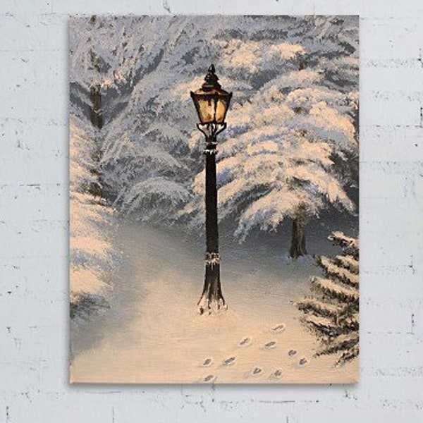 Lamp Post Winter Art Print, Narnia wall art, Snow wall decor, Snowy foot steps, Chronicles of, Art Print of Acrylic Painting