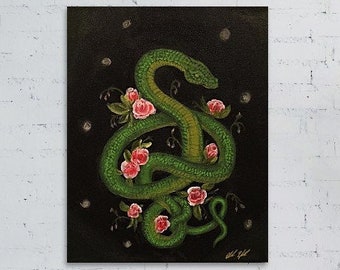 Pretty Snake Art Print, Black and pink wall art, reptile wall decor, Snake and flowers art print