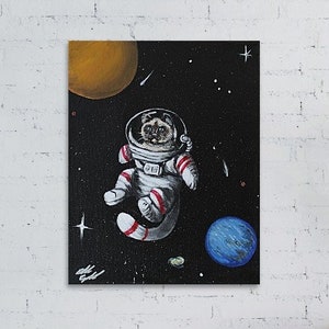 Weltraum Katze Kunstdruck | Astronaut Katze mit Planeten Wanddekor | Kinderzimmer Junge Mädchen | Lustige Wandkunst