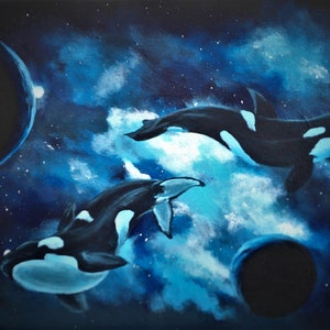 Orcas Art Print, Space Orca Whale Gift, Galaxy wall decor, whale art print, Whale in Space, cosmic whale