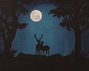 Deer silhouette Art print, moon wall art, silhouette art, couples , love, deer, silhouette, moon wall decor