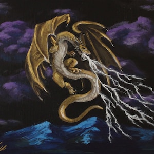 Gold Dragon Original Painting, Lightening dragon, Flying Dragon, Dragon Wall Art, Fantasy Decor | Teen Decor | Kids Room Bedroom
