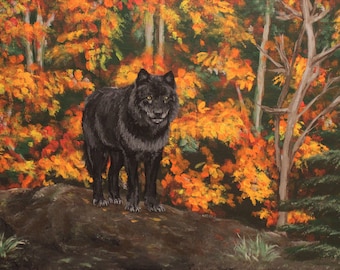 Black wolf Original Canvas painting, Unique animal art, Fall Wolf landscape wall art, Wildlife and nature artwork decor, wolf painting gift