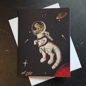 T-Rex cards, Funny Tyrannosaurus note cards, Dinosaur in Space artwork cards, outer space cards for fun, party Invitations