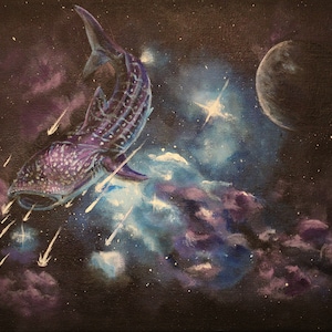 Whale Shark Art Print, Space Galaxy wall decor, Whimsical art decor, Sea life in Space, nebula art