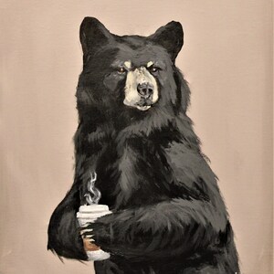 Grumpy Bear Art Print | Bear and Coffee art Painting | Woodland Wall Decor | Cafe Cabin Art | Funny Forest Animals wall art image 2