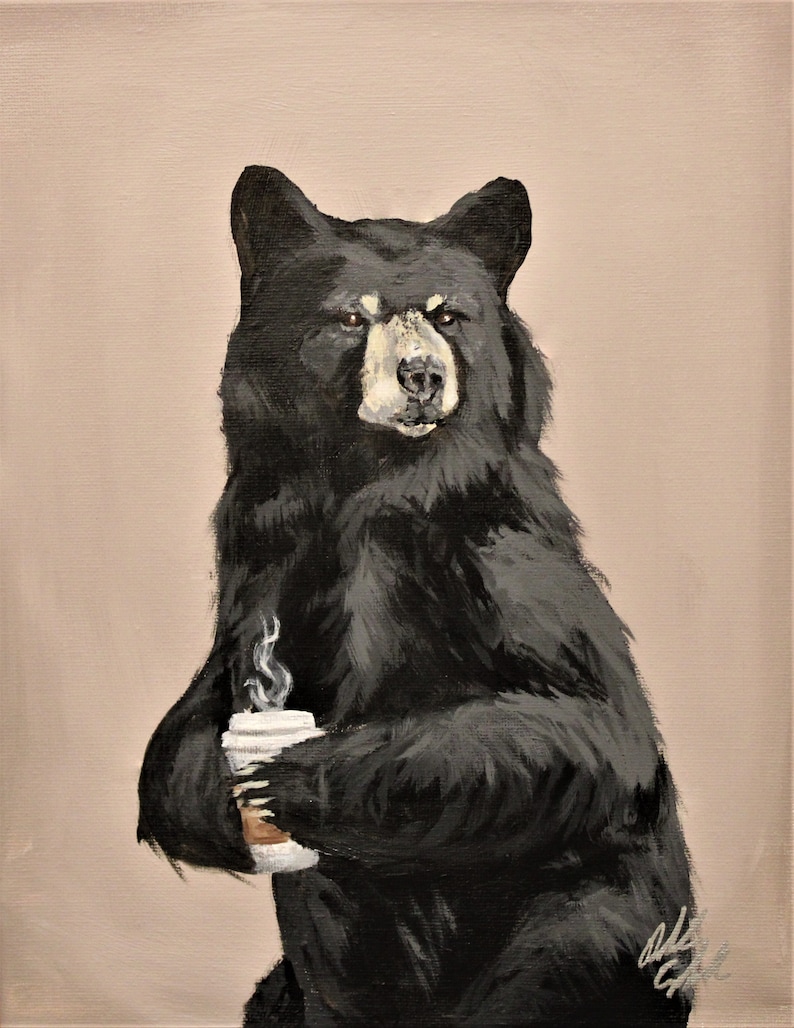 Grumpy Bear Art Print | Bear and Coffee art Painting | Woodland Wall Decor | Cafe Cabin Art | Funny Forest Animals wall art image 2