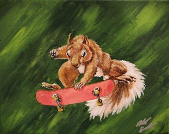 Art Print | Squirrel Skateboard | Art Print from Original painting | Don&#39;t Care | Gift | Artwork Art Print| Funny wall art