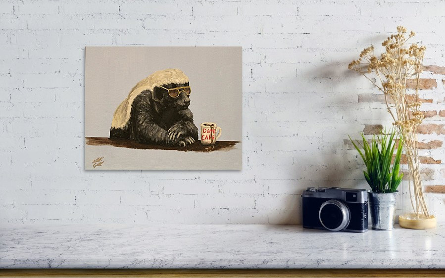 T*A様 Q Honey Badger タンカラー 置物 Honey Badger With Coffee | Art Print From Original Painting | Don