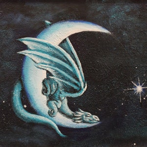 Moon Dragon Art Print | Sleeping Dragon | Nighttime Artwork | Wall Decor | blue dragon | Kids room art | Nursery wall decor
