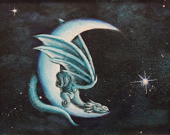 Stampa artistica del drago lunare / Drago addormentato / Opera d'arte notturna / Decorazione murale / Drago blu / Arte per la cameretta dei bambini / Decorazione murale per la cameretta dei bambini