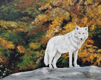 Wolf Painting, Wolf wall decor, Original Canvas Art, White Wolf in Forest, Home or Office Wall Art