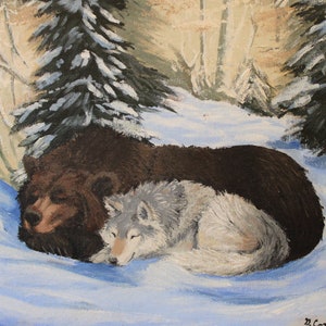 Stampa artistica / Stampa artistica di orso e lupo su dipinto acrilico / Decorazione murale del bosco / Arte della baita / Arte murale di animali della foresta / Opera d'arte per la stanza