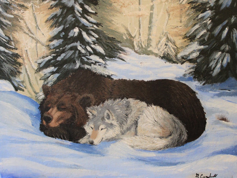 May include: A painting of a brown bear and a white wolf sleeping in the snow. The animals are nestled together in a snowy forest setting.