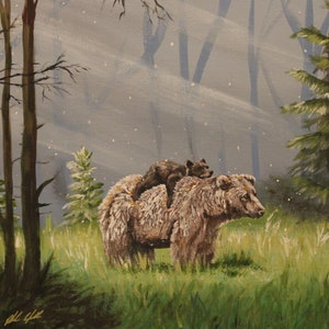 Bear Art Print | Mother and Cub | Parent and Baby | Wildlife Nature painting | Home and office wall decor | Art print of Acrylic Painting